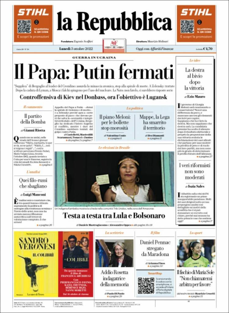 Portada de La Repubblica (Italia)