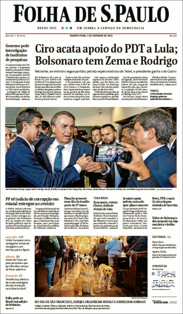 Periódico Folha De São Paulo Brasil Periódicos De Brasil Edición De Miércoles 5 De Octubre 4595