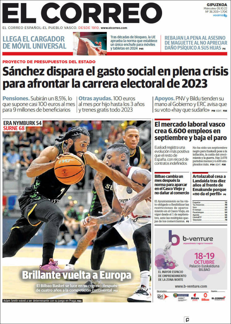 Portada de El Correo - Guipuzcoa (España)