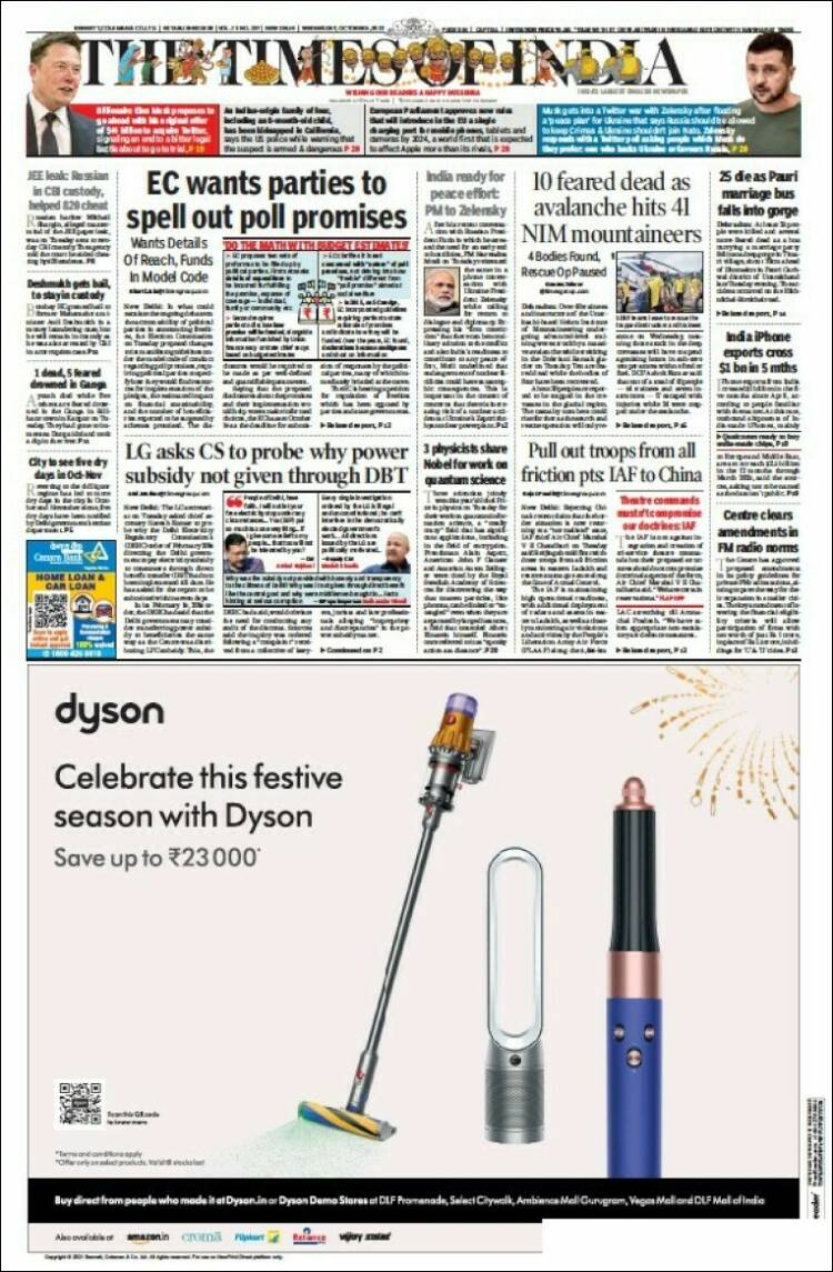 Portada de The Times of India (India)