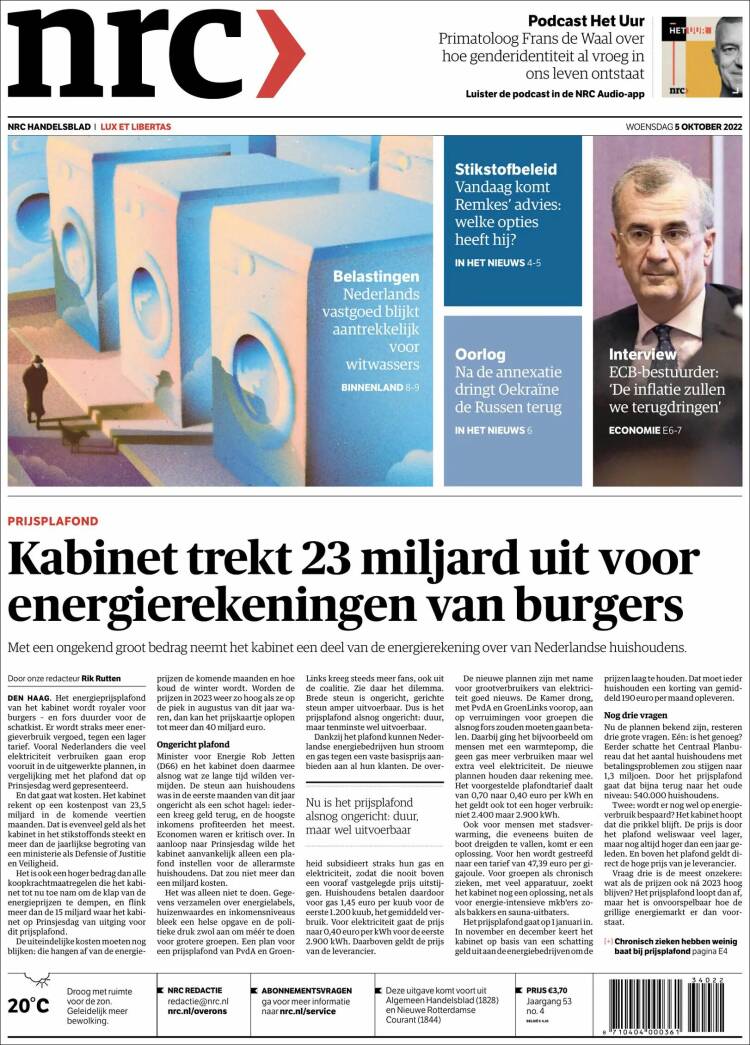 Portada de NRC Handelsblad (Pa&iacute;ses Bajos)