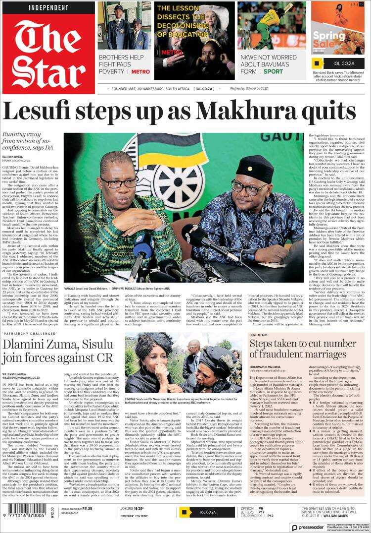 Portada de The Star (Sud&aacute;frica)