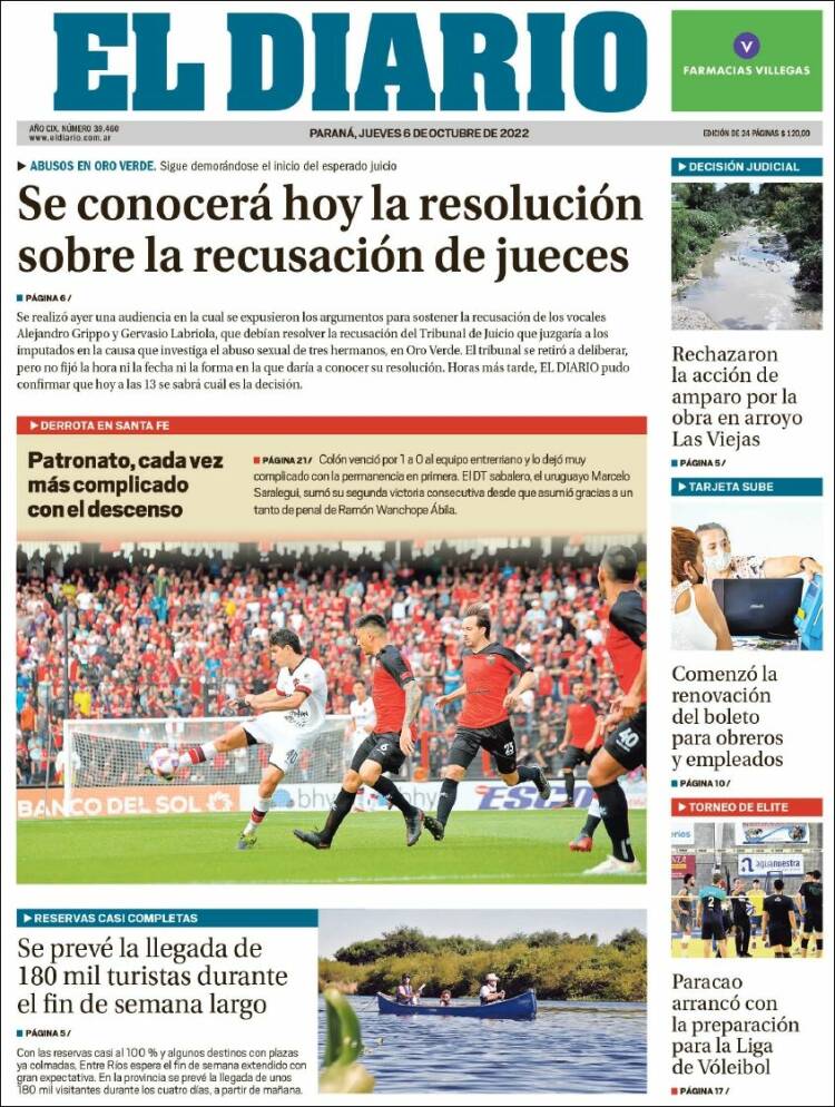 Portada de El Diario de Paraná (Argentina)