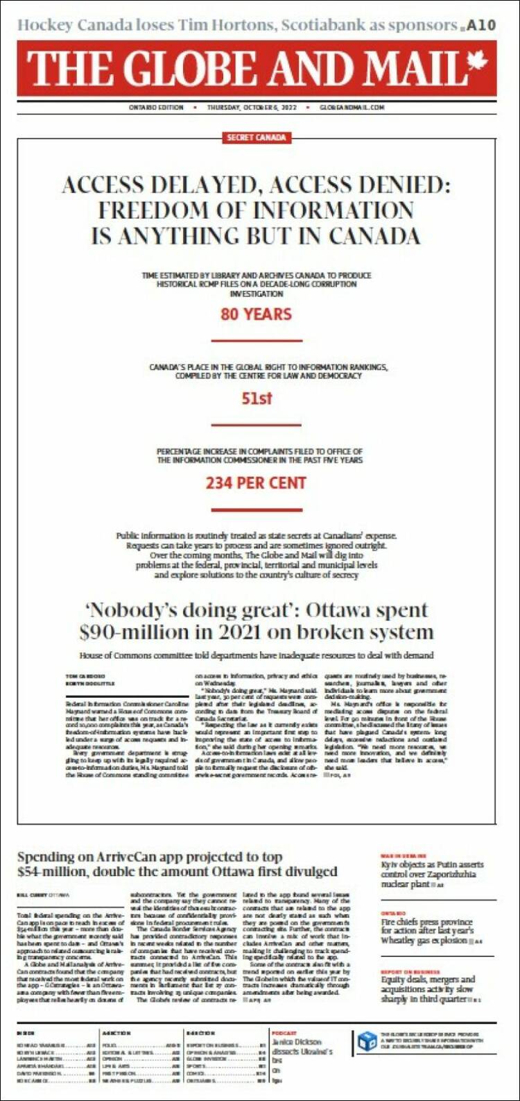 Portada de The Globe and Mail (Canada)