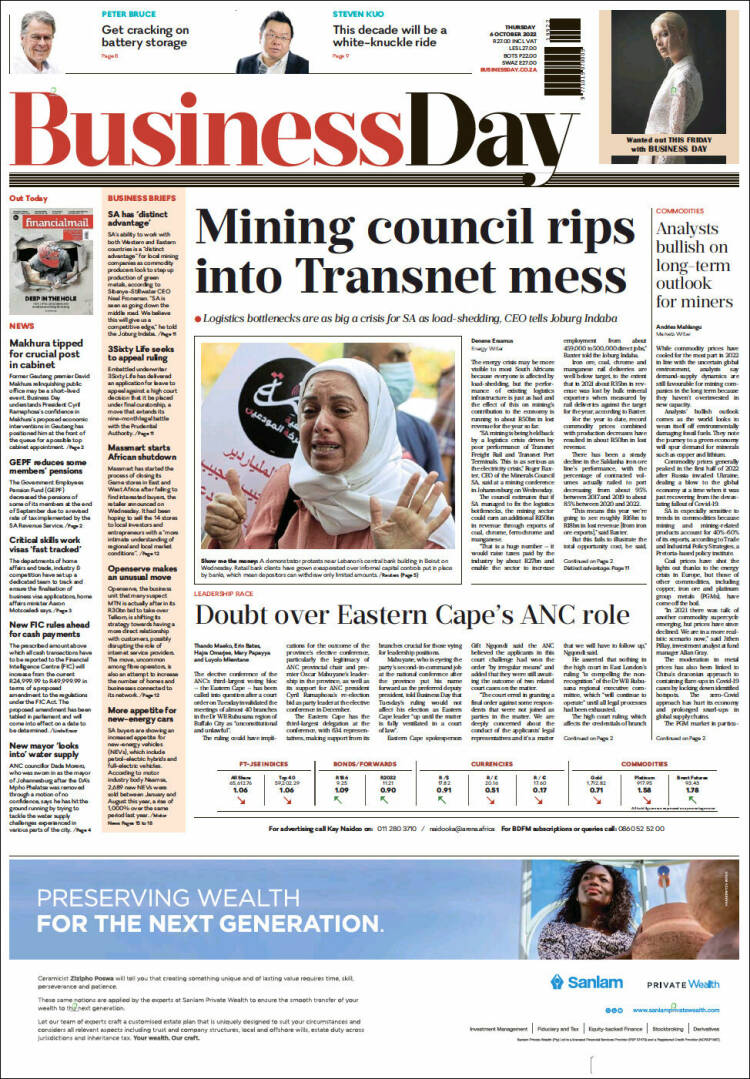 Portada de Business Day (South Africa)
