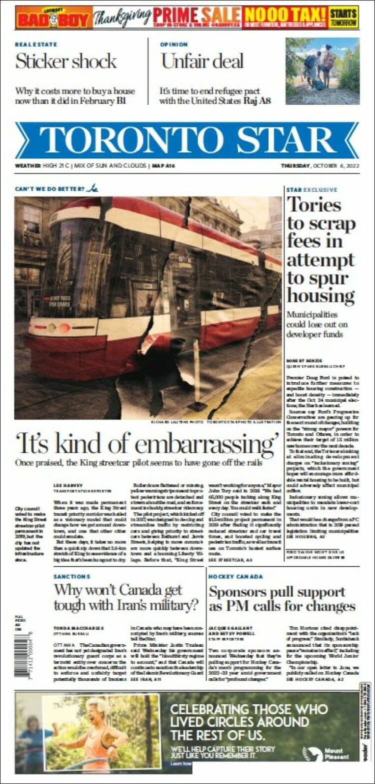 Portada de The Toronto Star (Canada)