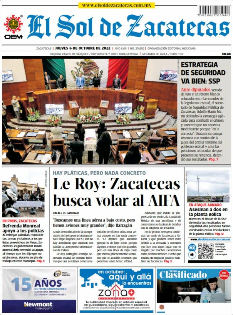 Portada de El Sol de Zacatecas (México)