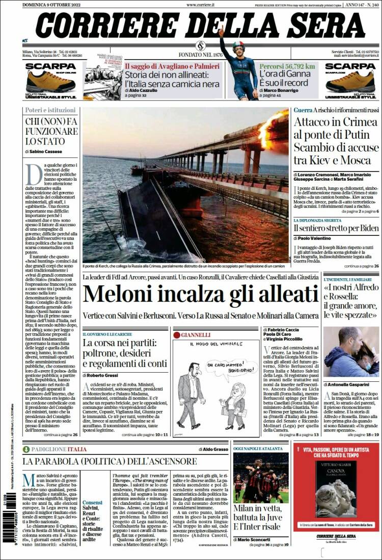 Portada de Corriere della Sera (Italia)