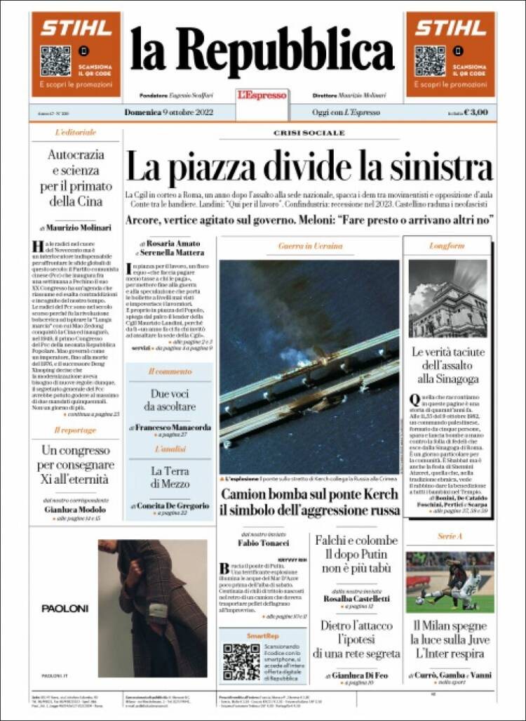 Portada de La Repubblica (Italia)