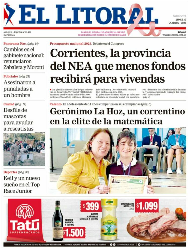 Portada de El Litoral Corrientes (Argentina)