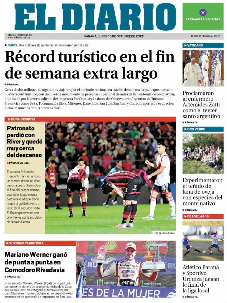 Portada de El Diario de Paraná (Argentina)