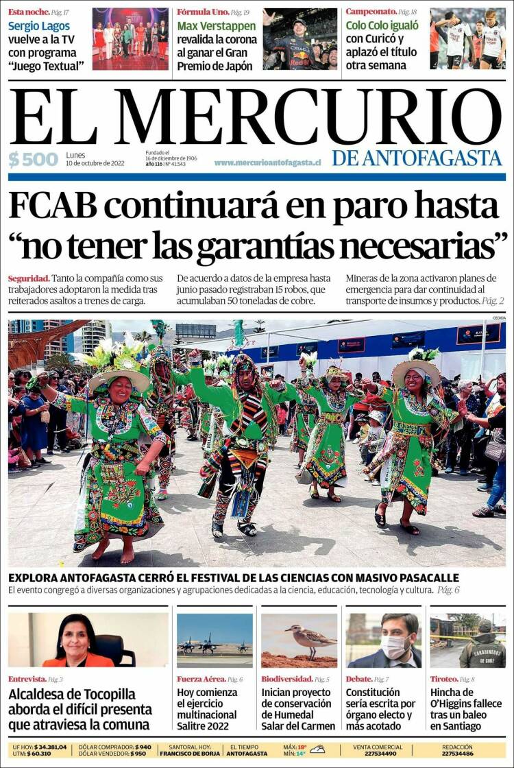 Portada de El Mercurio de Antofagasta (Chile)