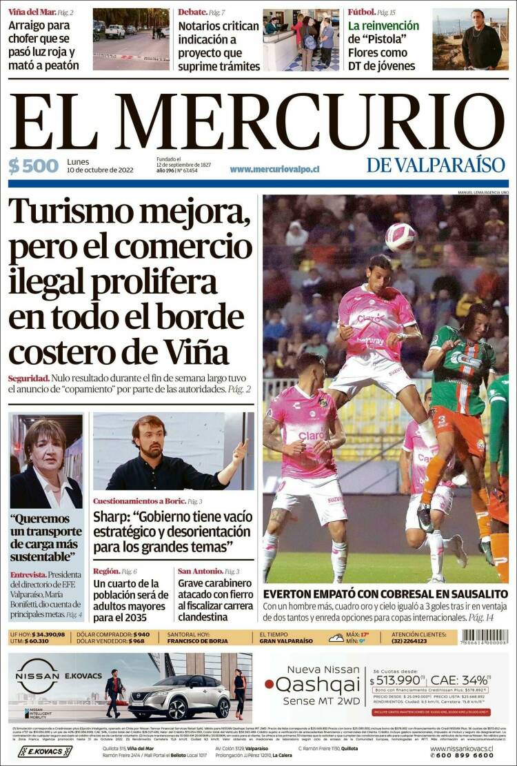 Portada de Mercurio de Valparaiso (Chile)