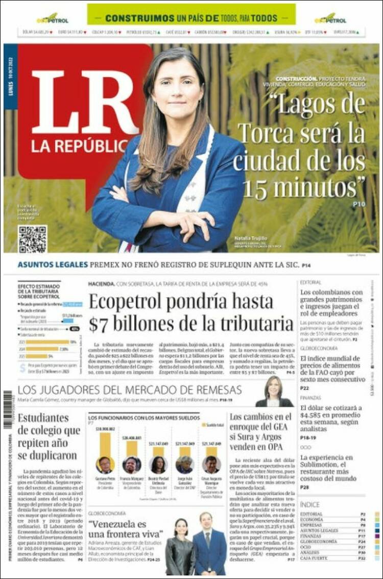 Portada de La Republica (Colombia)