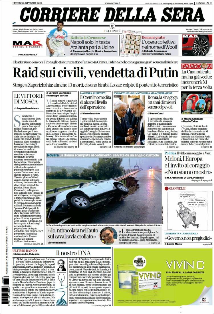 Portada de Corriere della Sera (Italia)