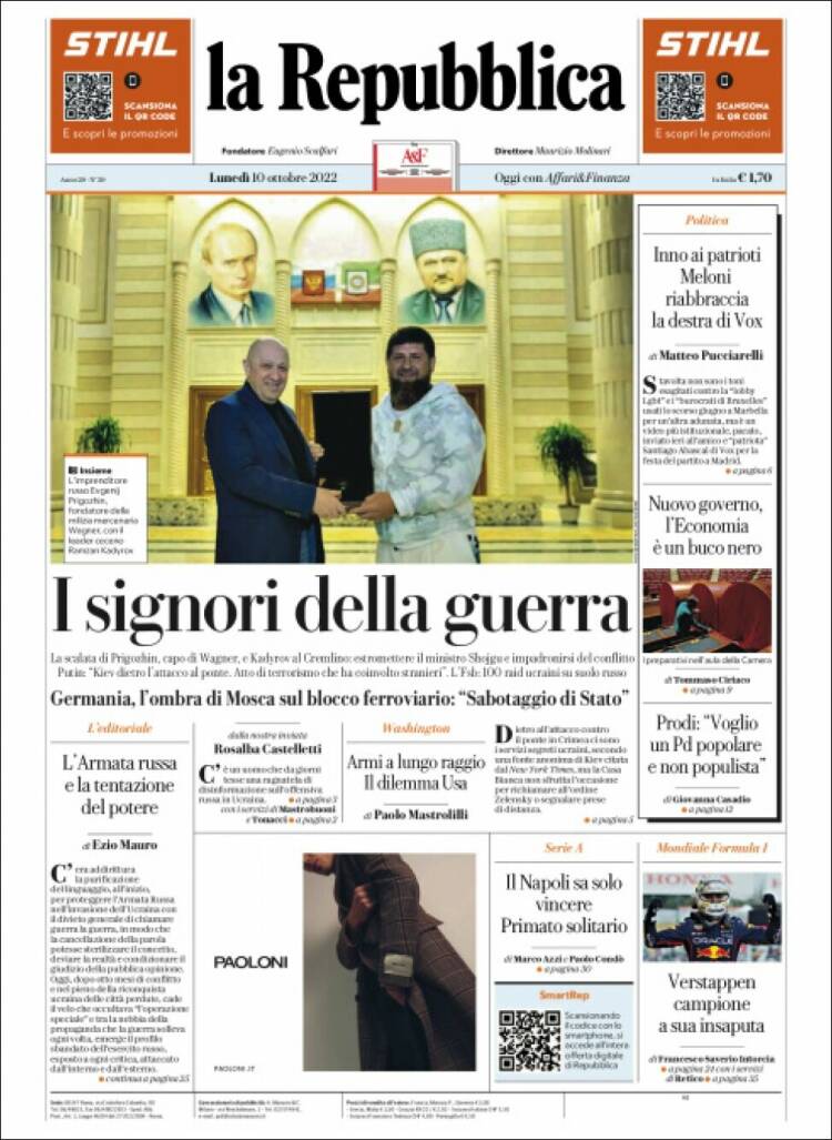 Portada de La Repubblica (Italia)