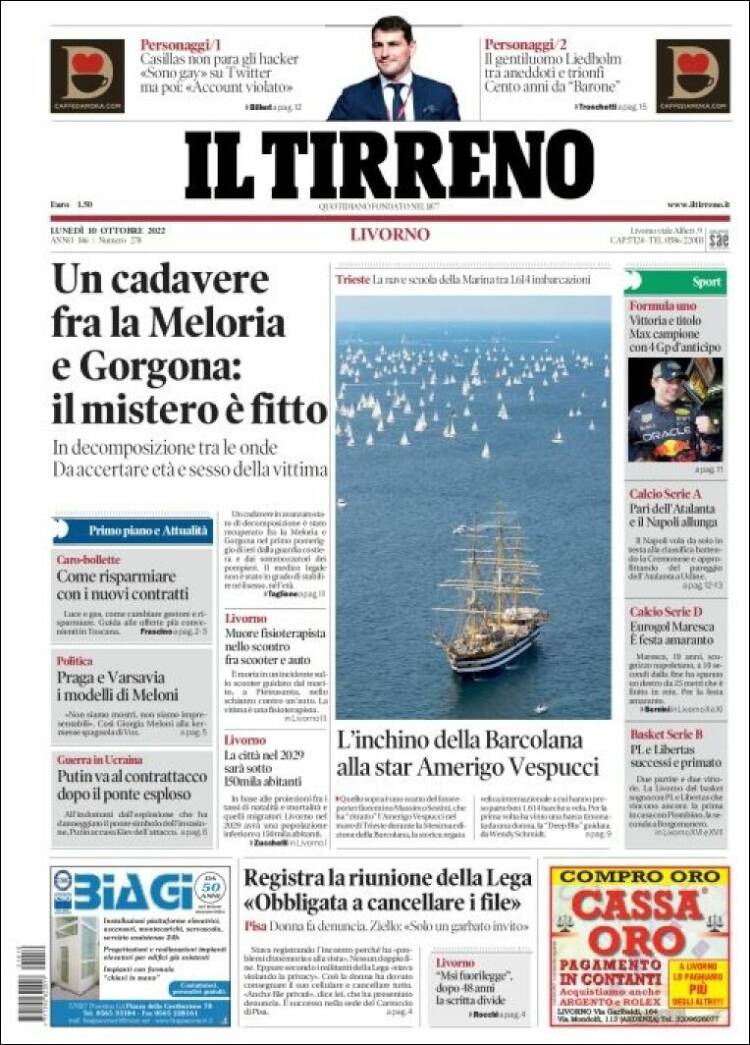 Portada de Il Tirreno (Italia)