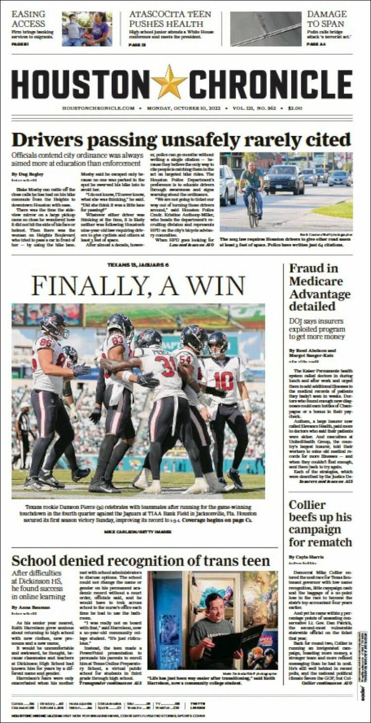 Portada de Houston Chronicle (USA)