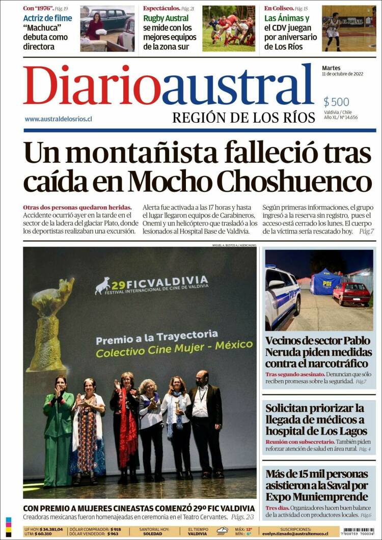 Portada de El Diario Austral de Valdivia (Chile)