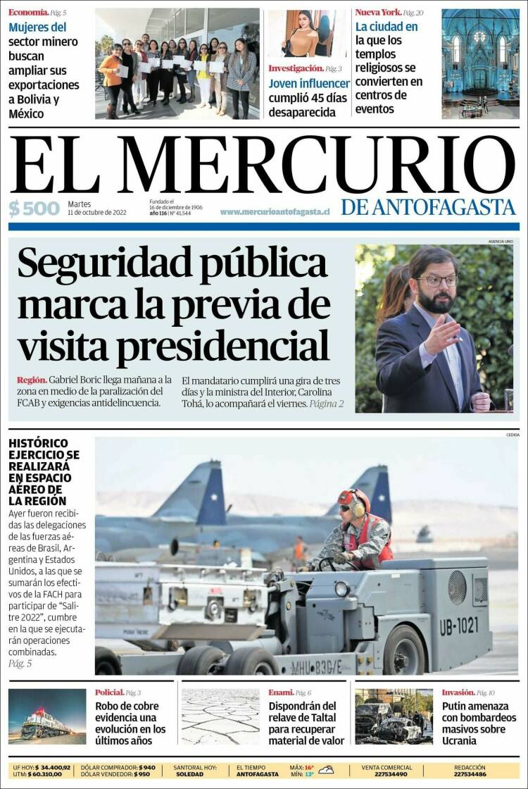 Portada de El Mercurio de Antofagasta (Chile)