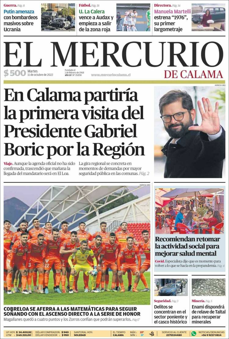 Portada de El Mercurio - Calama (Chile)