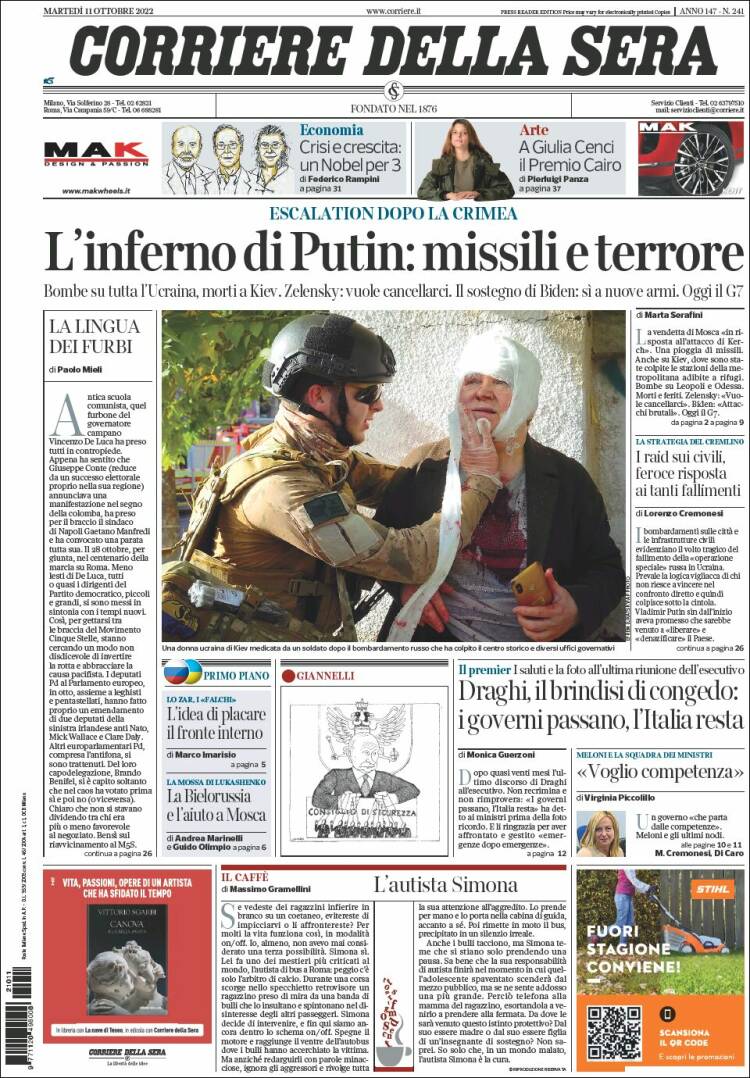 Portada de Corriere della Sera (Italia)