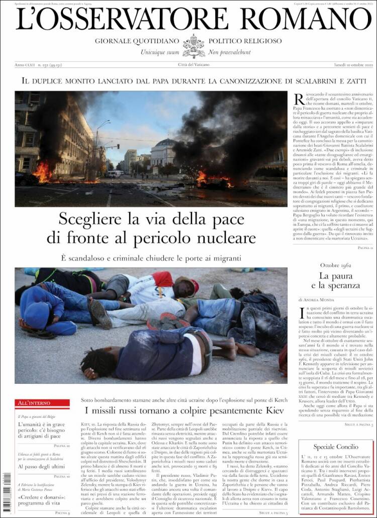 Portada de L'Osservatore Romano (Italia)