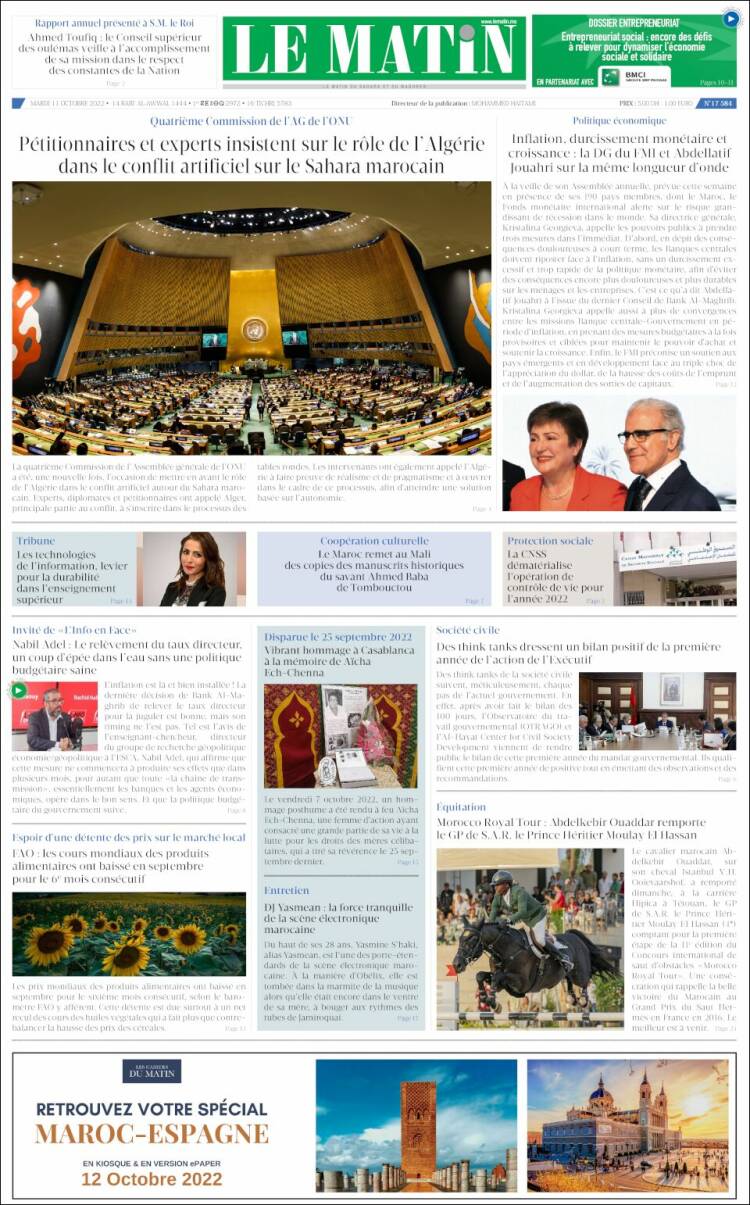 Portada de Le Matin (Marruecos)