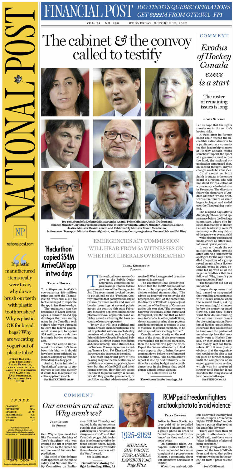 Portada de The National Post (Canada)