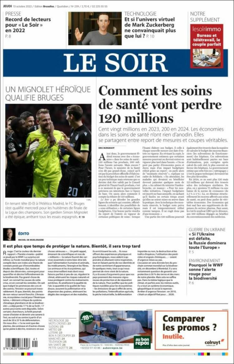 Newspaper Le Soir Belgium Newspapers In Belgium Thursday S Edition October Of