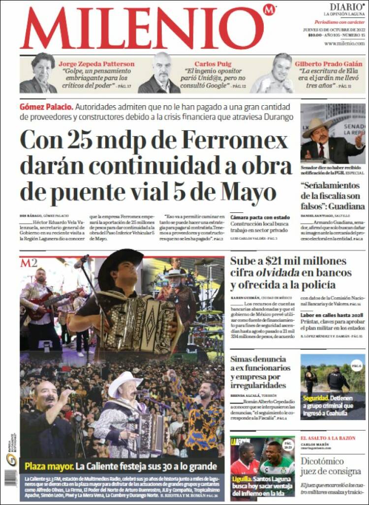 Portada de Milenio - Laguna (México)