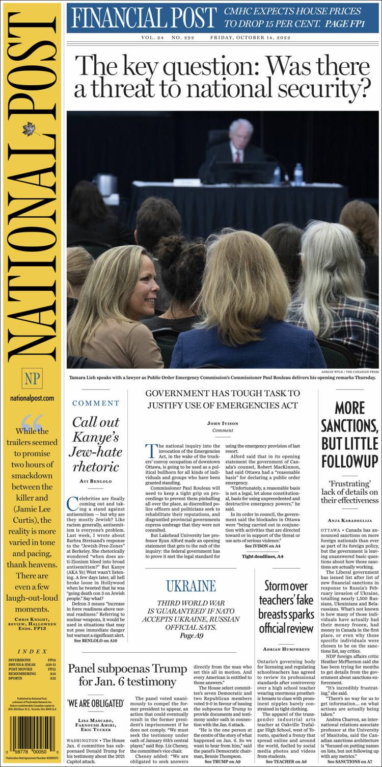 Portada de The National Post (Canada)