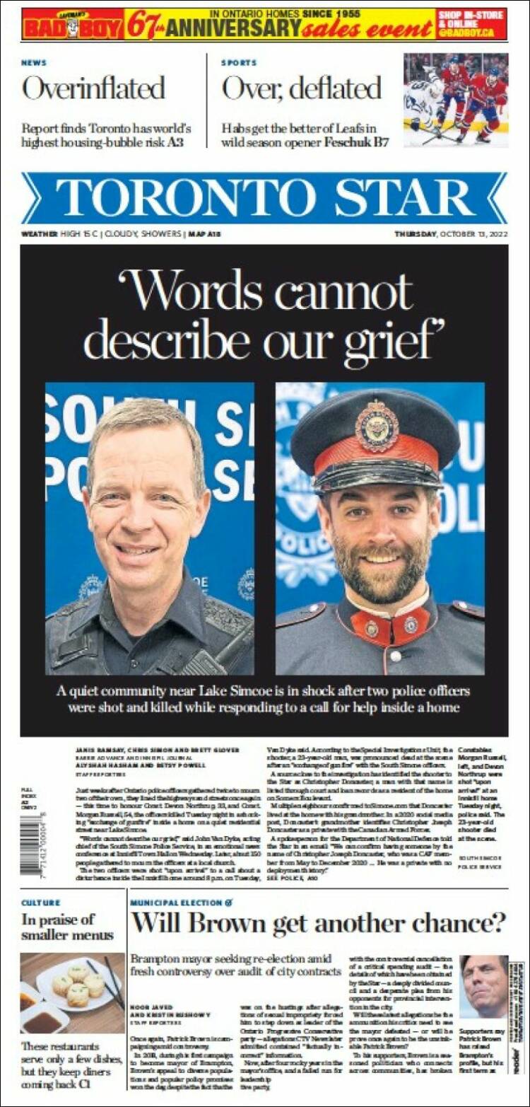 Portada de The Toronto Star (Canada)