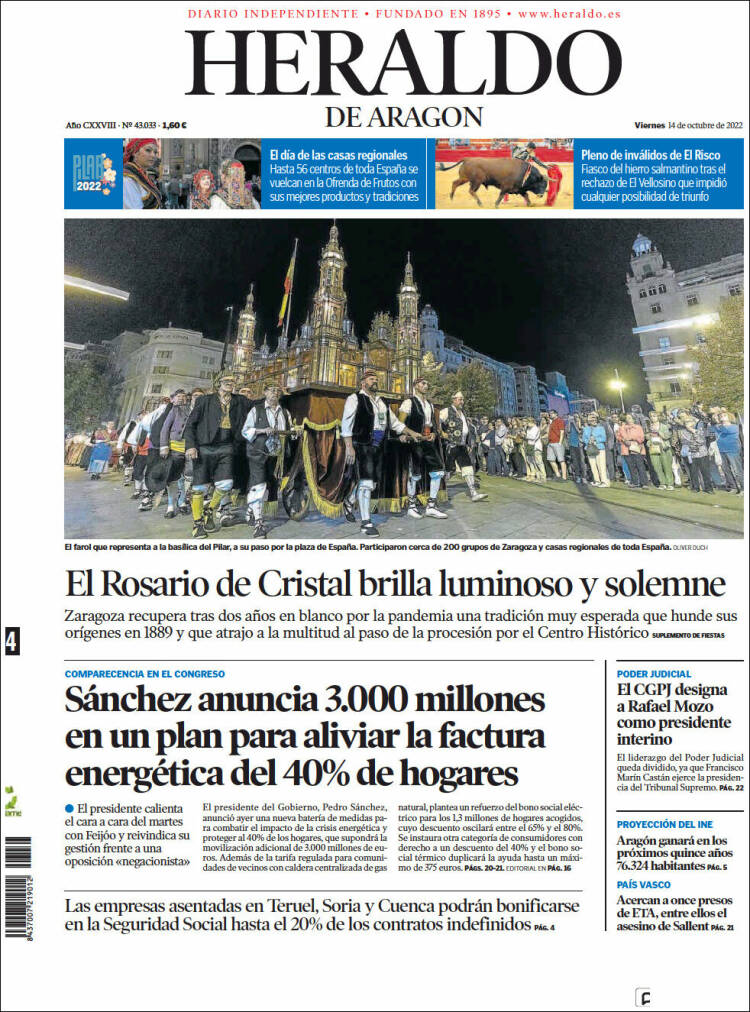 Periódico Heraldo De Aragón España Periódicos De España Edición De Viernes 14 De Octubre De 3339