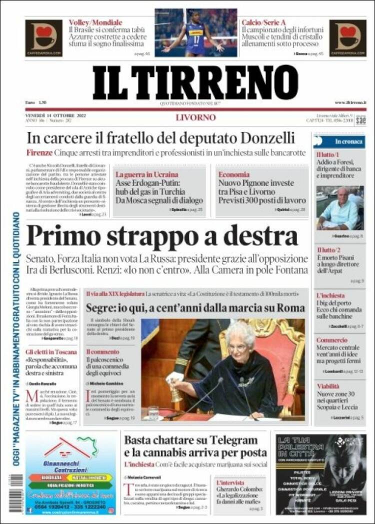 Portada de Il Tirreno (Italia)