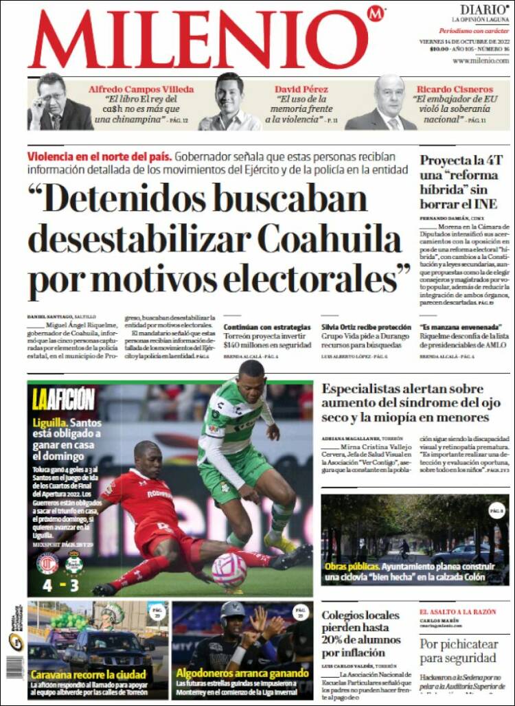 Portada de Milenio - Laguna (México)