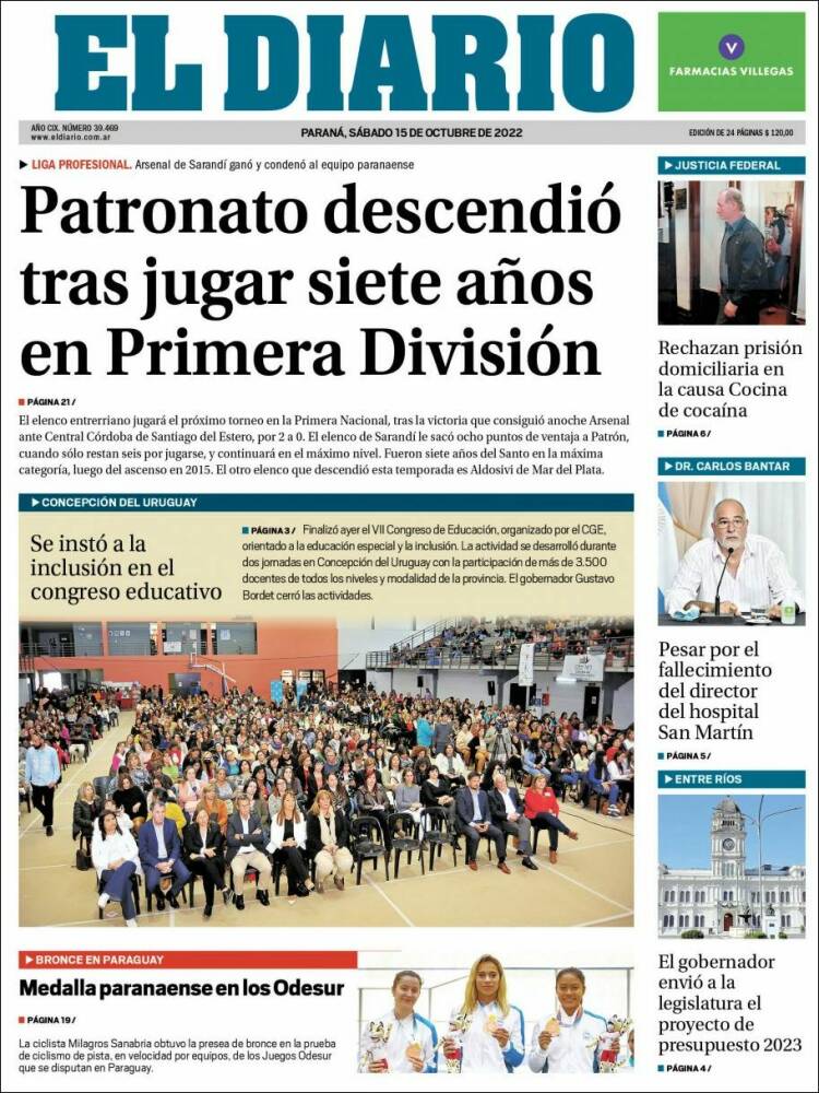 Portada de El Diario de Paraná (Argentina)