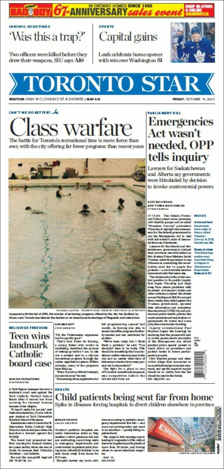 Portada de The Toronto Star (Canadá)