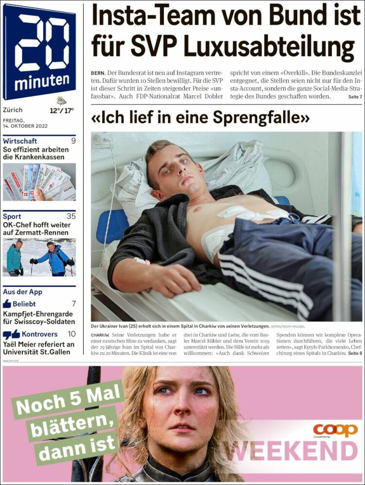 Portada de 20Minuten - Zürich (Suiza)