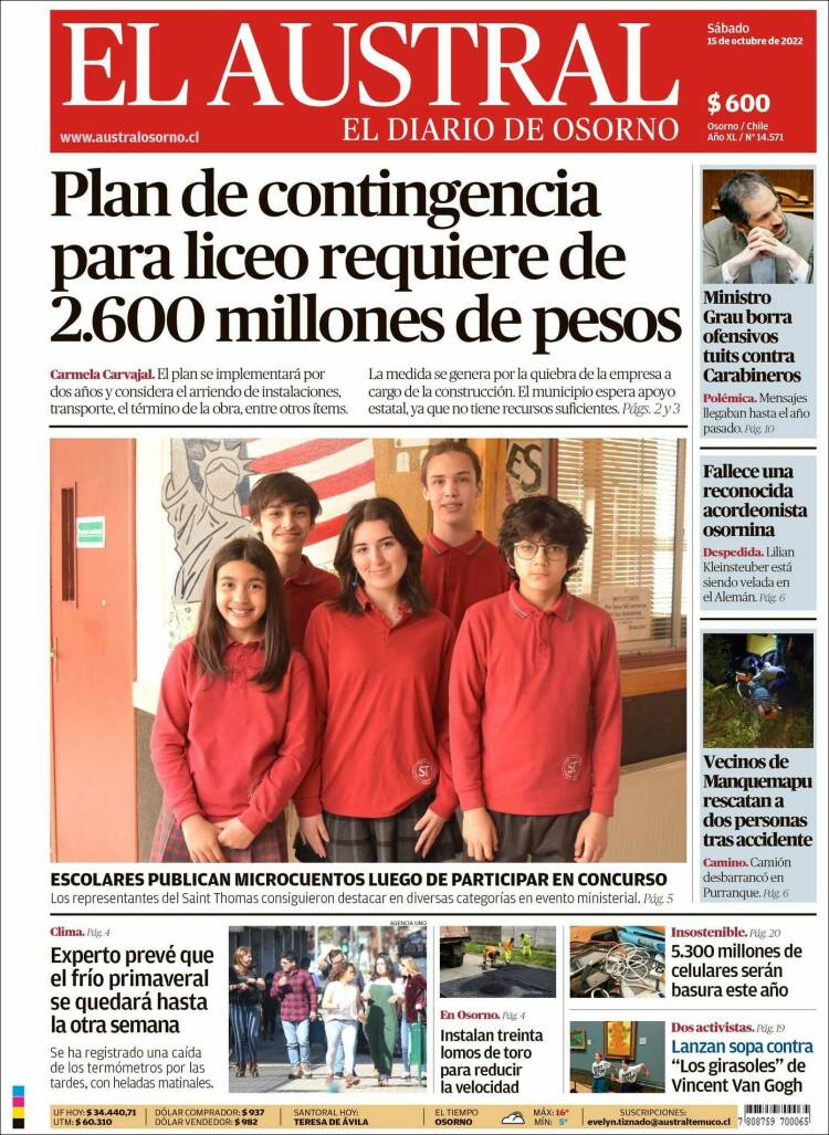 Portada de El Austral de Osorno (Chile)