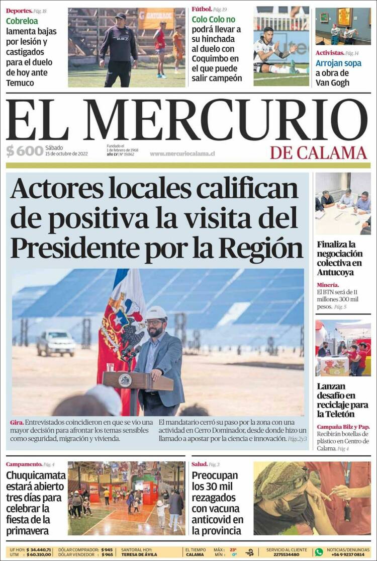 Portada de El Mercurio - Calama (Chile)