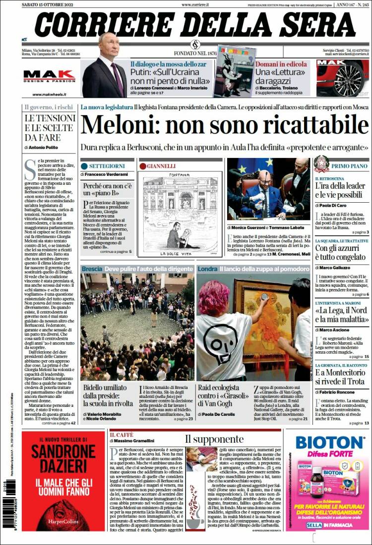 Portada de Corriere della Sera (Italia)