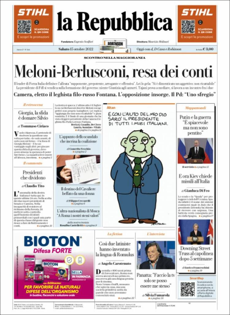 Portada de La Repubblica (Italia)