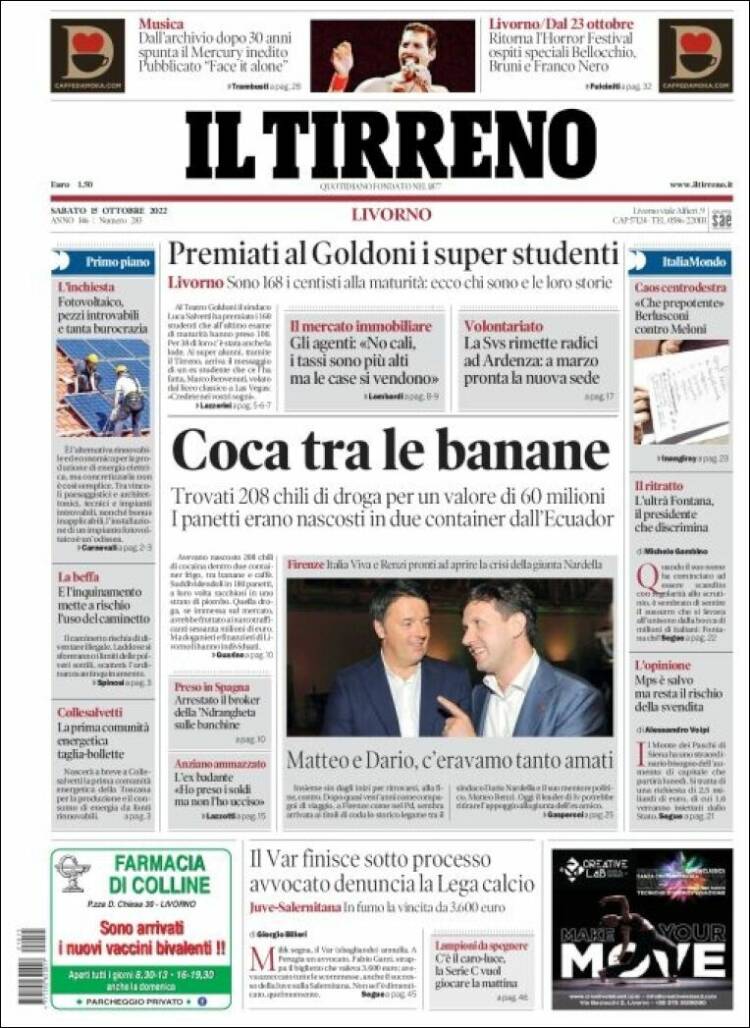 Portada de Il Tirreno (Italia)