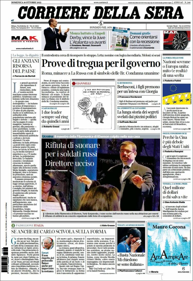 Portada de Corriere della Sera (Italia)