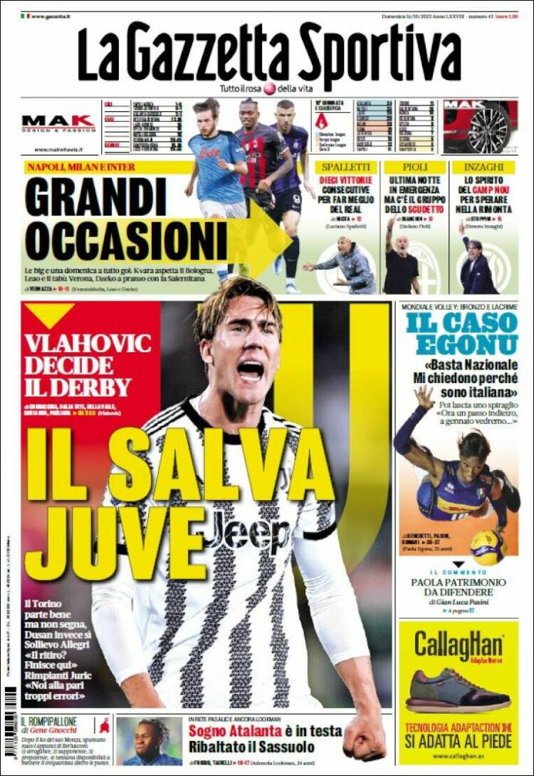 Portada de La Gazzetta dello Sport (Italia)