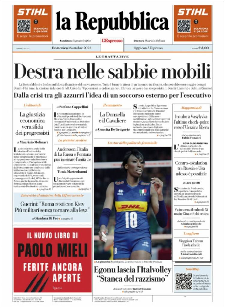 Portada de La Repubblica (Italia)