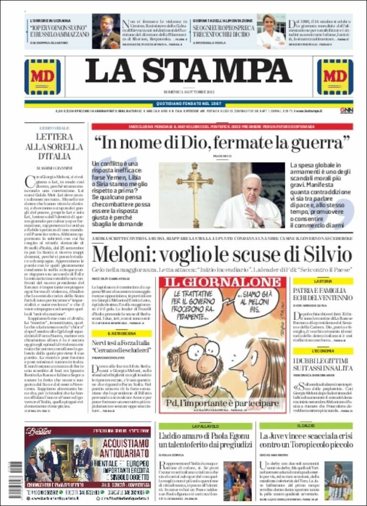 Portada de La Stampa (Italia)