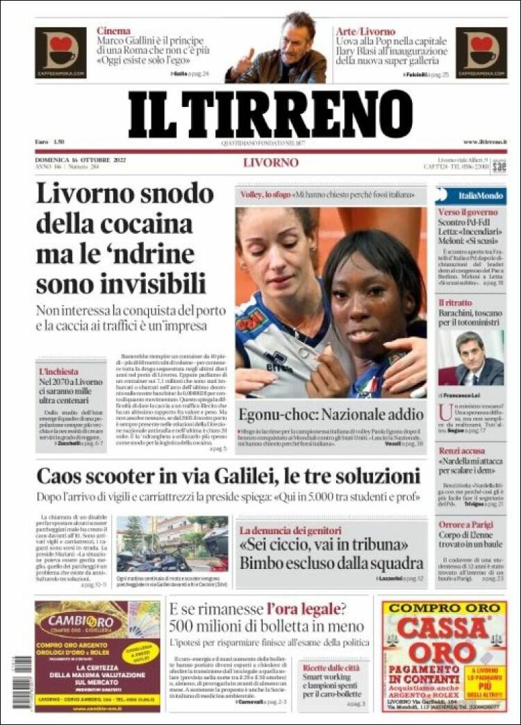 Portada de Il Tirreno (Italia)