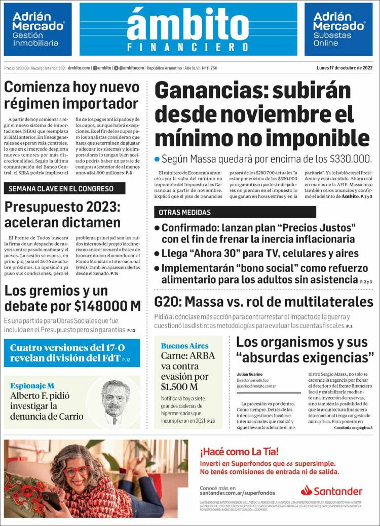 Portada de Diario Ambito Financiero (Argentina)